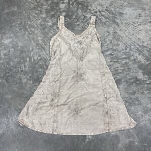 Unbranded Free Size Hippie Mini Dress Tunic Flowy Embroidered Tan Fairy Cottage